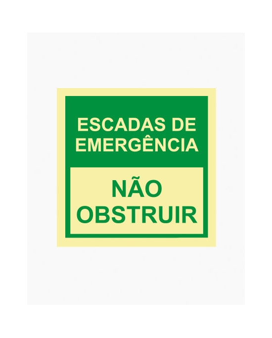 Sinal PVC/fotoluminescente - Escadas de Emergência, Não Obstruir (15x15cm)