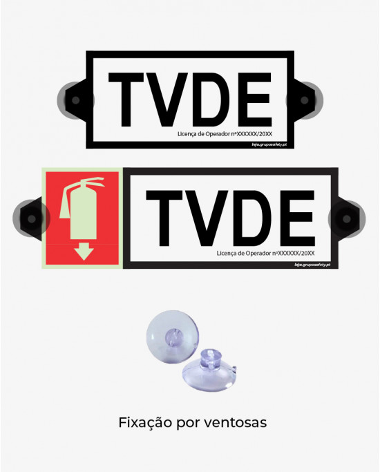 Dístico TVDE c/ Extintor Seta p/ Baixo (22.8 x 6.8cm) + Dístico TVDE (14.5 x 6.8cm) - Amovível c/ Ventosas