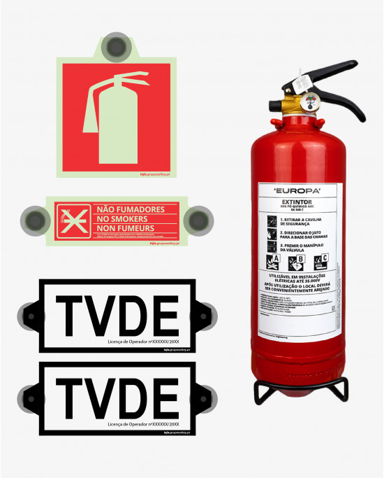 [Pack] TVDE Light - Dístico TVDE (x2) + Extintor Pó Quím. ABC 2Kg + Sinal Extintor + Proibido Fumar (Amovíveis)