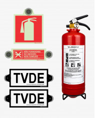 [Pack] TVDE Light - Dístico TVDE (x2) + Extintor Pó Quím. ABC 2Kg + Sinal Extintor + Proibido Fumar (Amovíveis)