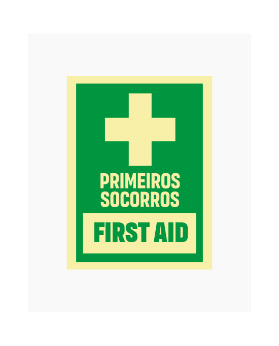 Sinal de Informação (8cm x 6cm) - Primeiros Socorros | First Aid (Vinil Autocolante)