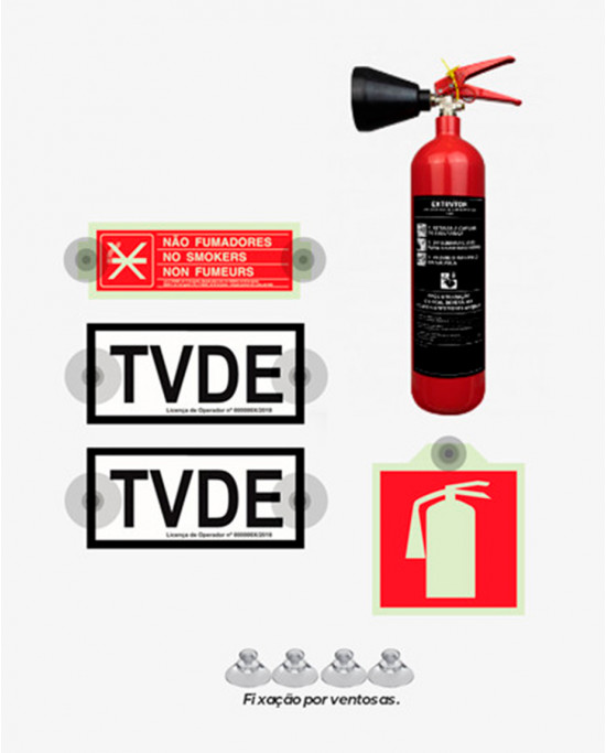 [Pack] TVDE Elétrico Light - Dístico TVDE (x2) + Extintor CO2 2Kg + Sinal Extintor + Proibido Fumar (Amovíveis)