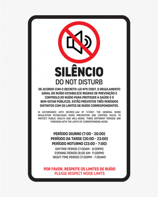 Sinal Lei do Ruído (15.5cm x 10.5cm) - Silêncio/Do Not Disturb (Vinil Autocolante)