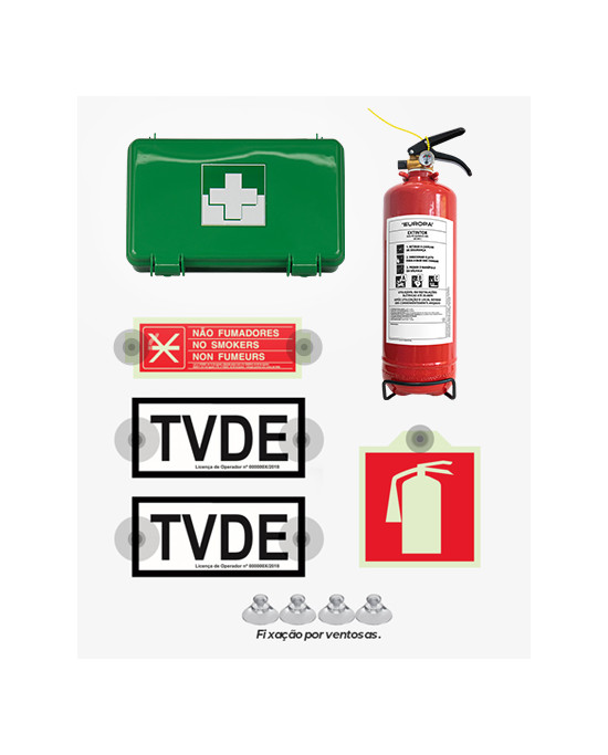 [Pack] TVDE - Dístico TVDE (x2) + Extintor Pó Quím. ABC 2Kg + Primeiros Socorros + Sinal Extintor + Proibido Fumar (Amovíveis)