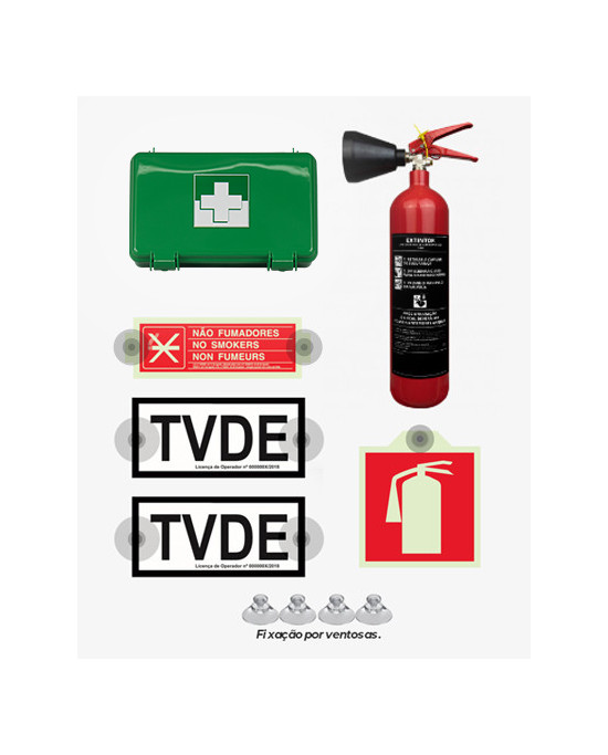 [Pack] TVDE Elétrico - Dístico TVDE (x2) + Extintor CO2 2Kg + Primeiros Socorros + Sinal Extintor + Proibido Fumar (Amovíveis)