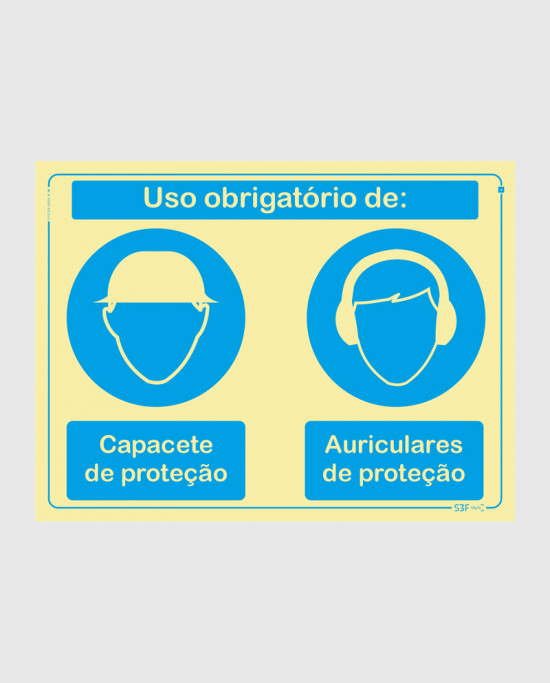 Sinal PVC Fotoluminescente - Capacete e Auriculares Obrigatórios