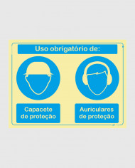 Sinal PVC Fotoluminescente - Capacete e Auriculares Obrigatórios